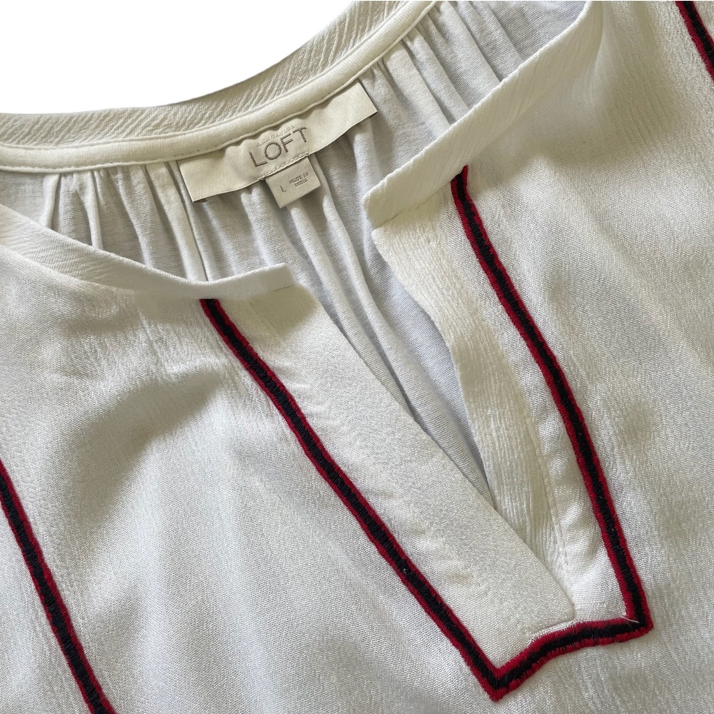 Ann Taylor LOFT Embroidered Split Neck Aztec Shell Top, Red/White/Blue - Picture 9 of 12
